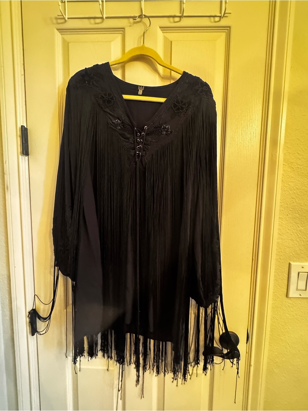 Haute Hippie Black Fringe V-Neck Women's Top with Lace-Up Detail